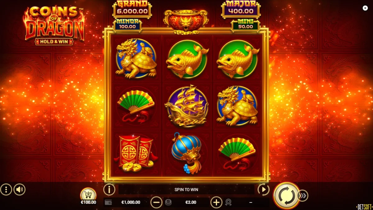 Interface do jogo de slot Coins of Dragon – Hold & Win com tema oriental