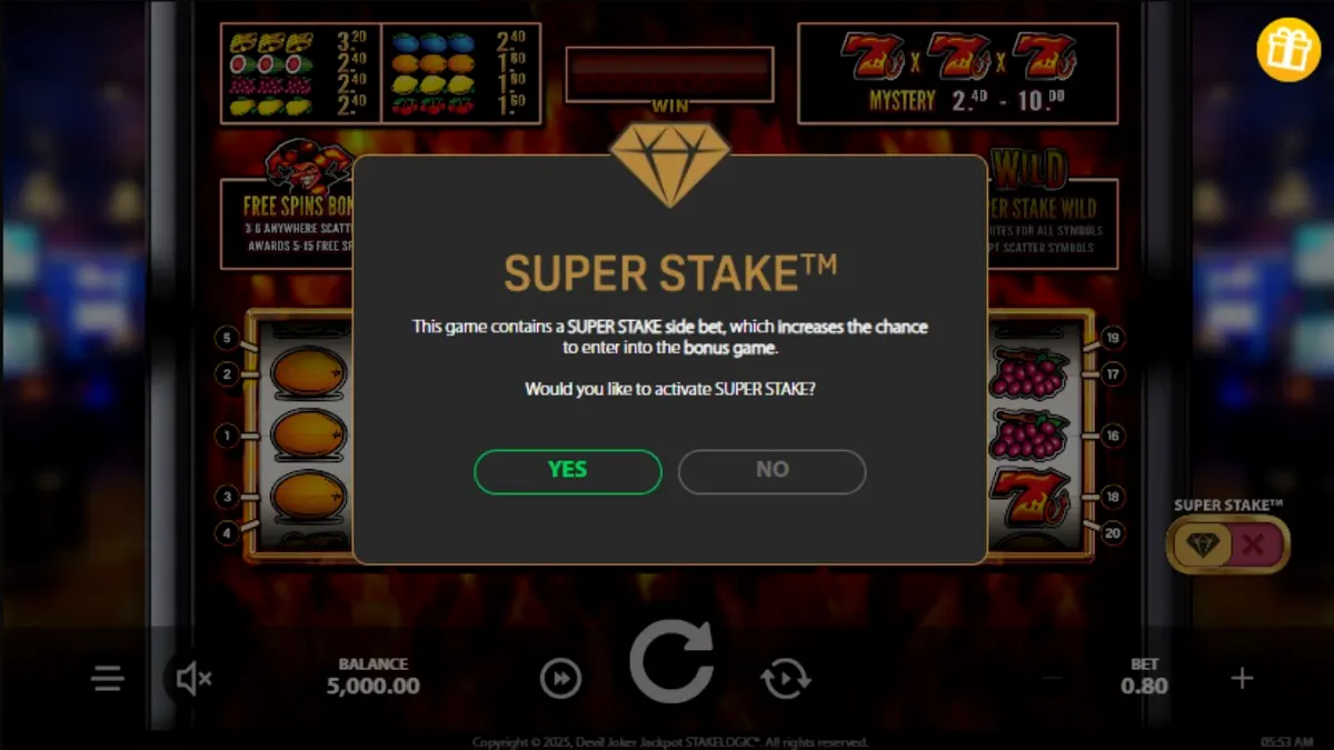 Interface do jogo de slot Devil Joker Jackpot com símbolos de frutas e elementos infernais.
