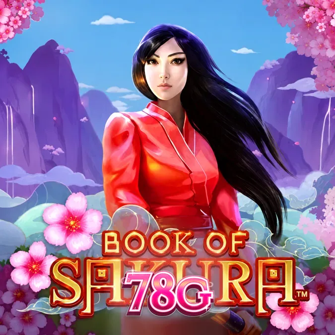 Interface do jogo Book of Sakura com elementos visuais de flores de cerejeira e símbolos de livros.